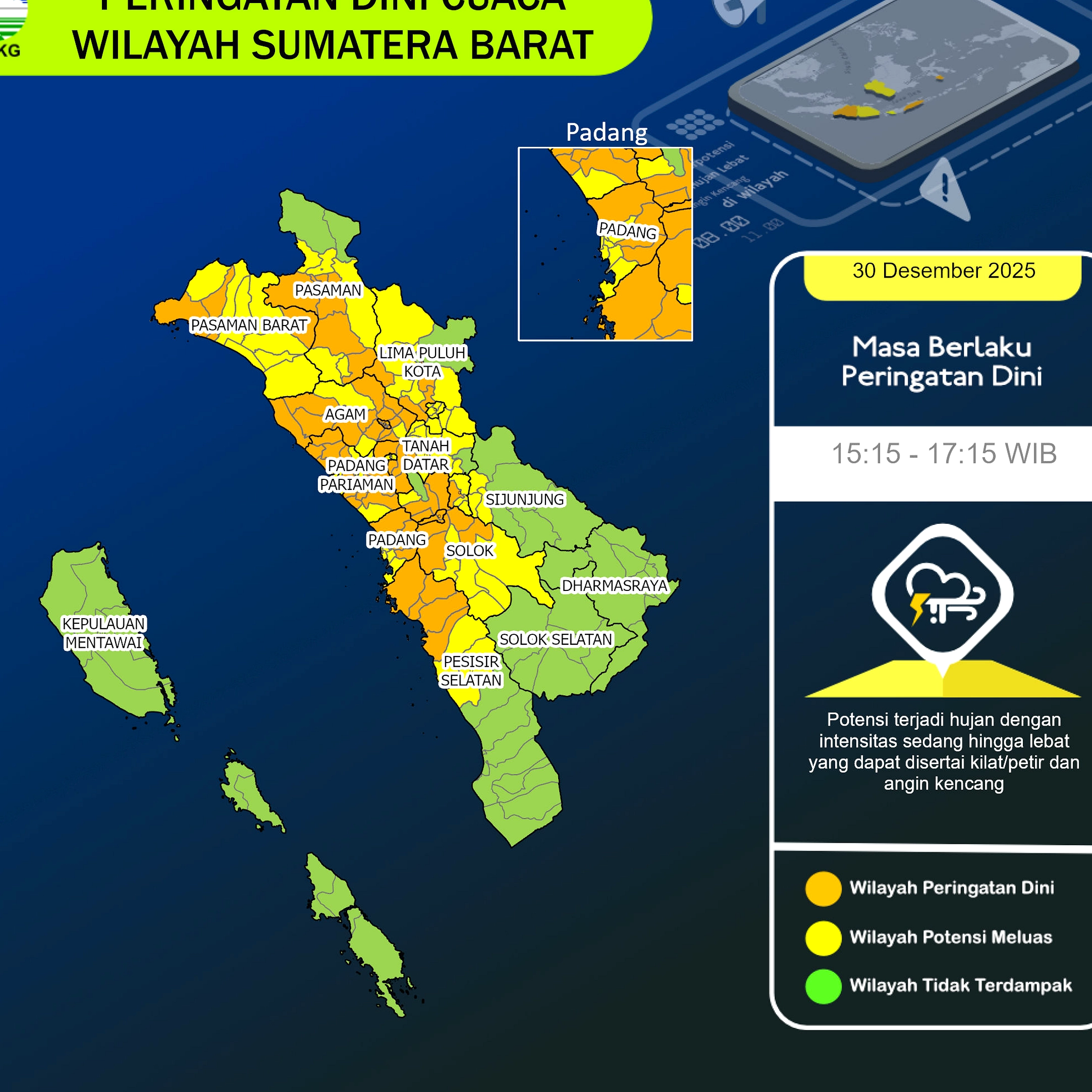 BMKG Prediksi Hujan Ringan hingga Petir di Sumatera Barat
