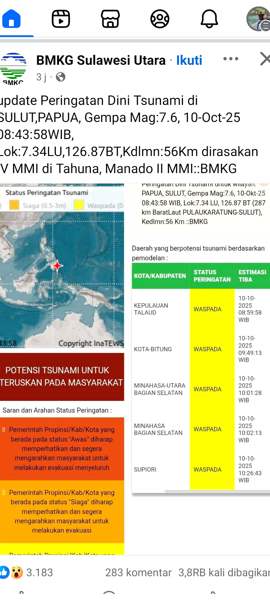 BMKG Selesai Peringatan Tsunami Pasca Gempa 7,7 di Mindanao