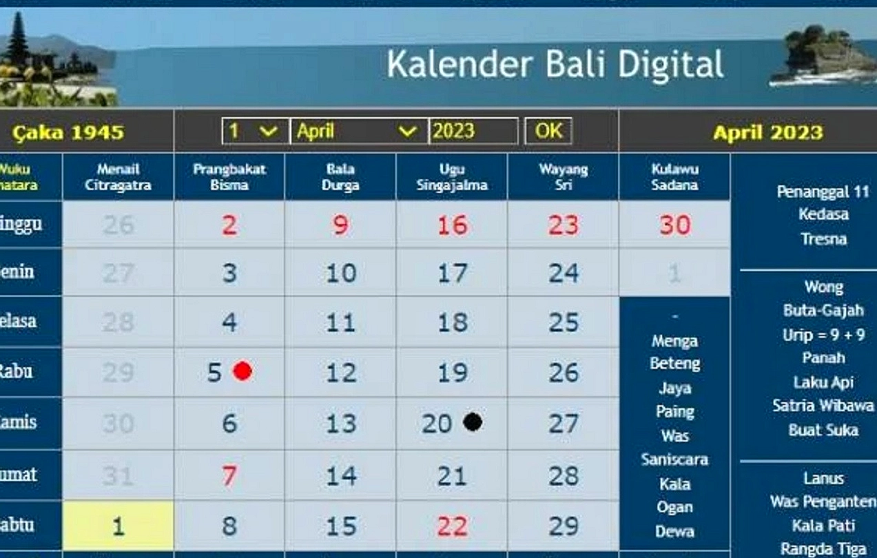 Denpasar: 20 April 2026, Hari Baik dan Buruk Menurut Kalender Bali