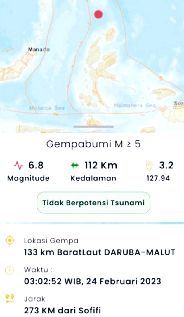 Gempa 3,9 Guncang Daruba, Maluku Utara 14.44 WITA 22 Maret