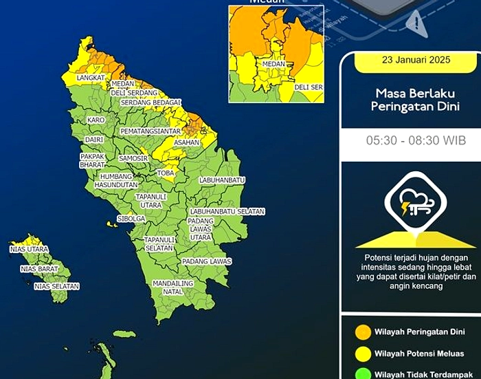 Hujan Siang-Malam di Medan dan Deli Serdang, Suhu 23-29 Derajat