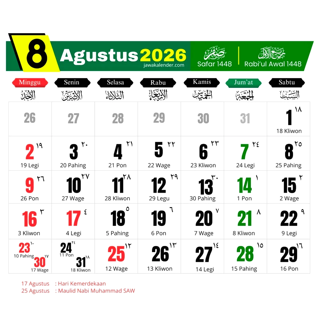 Kalender Agustus 2026: Tanggal Merah & Weton Lengkap