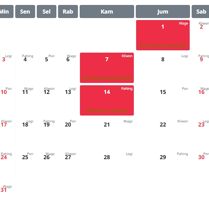 Kalender Mei 2026: Masehi, Hijriah, Jawa & Hari Libur Penuh