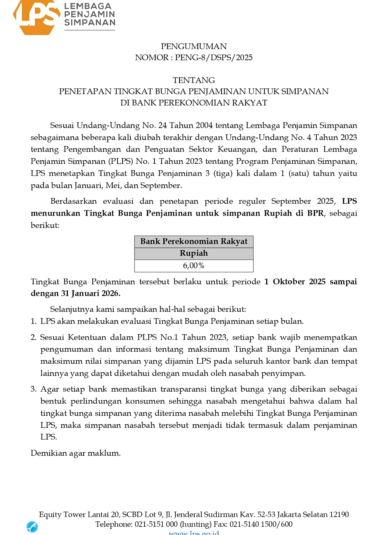 LPS Tetapkan TBP 3,5% untuk Simpanan Rupiah Bank Umum