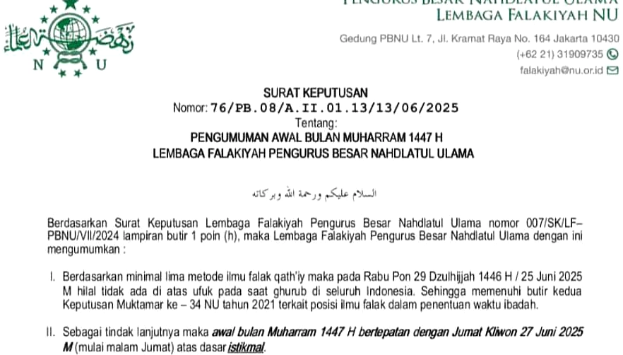 PBNU Tunda 1 Muharram 1448 H, Satu Hari Lebih Lambat