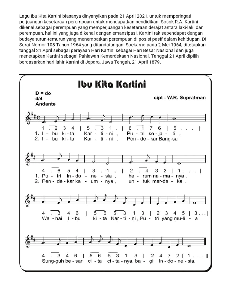 PDF Gratis Lagu Ibu Kita Kartini: Not Angka, Balok, Chord