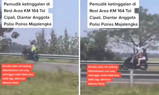 Pemudik Tertinggal di Rest Area, Diantar Polisi Naik Moge
