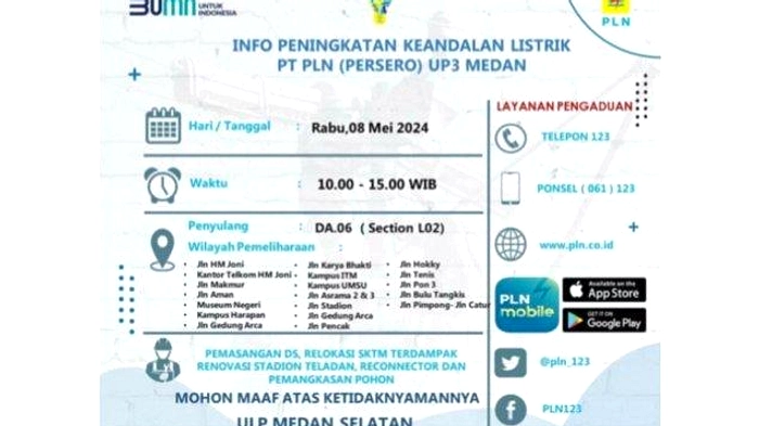 PLN Matikan Listrik 4,5 Jam di Medan Selatan Rabu, 8 April