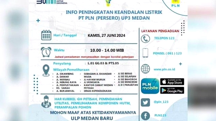 PLN Matikan Listrik di Medan Baru 16 April 2026, 4 Jam