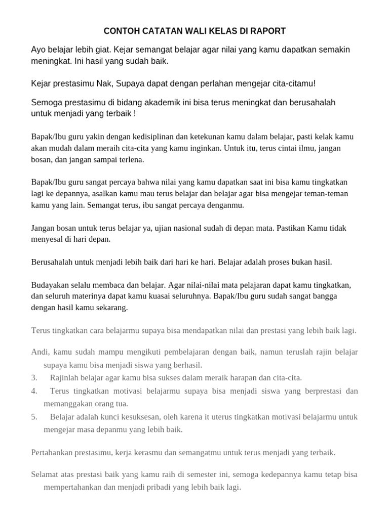 Rapor Genap 2025/2026: Catatan Wali Kelas Memotivasi Siswa