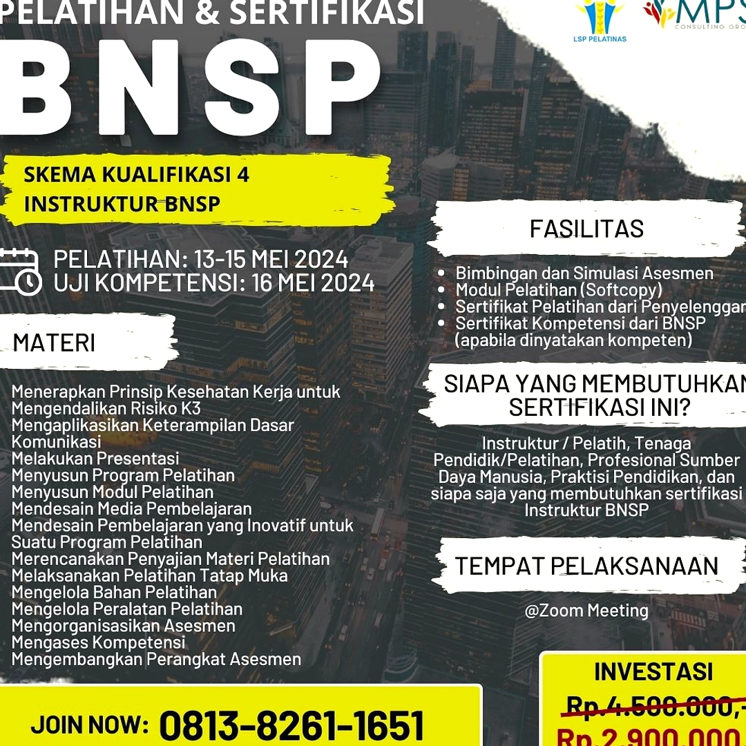Sertifikasi Instruktur BNSP Level 4 Online 2026, Harga Khusus Rp2,9 Juta