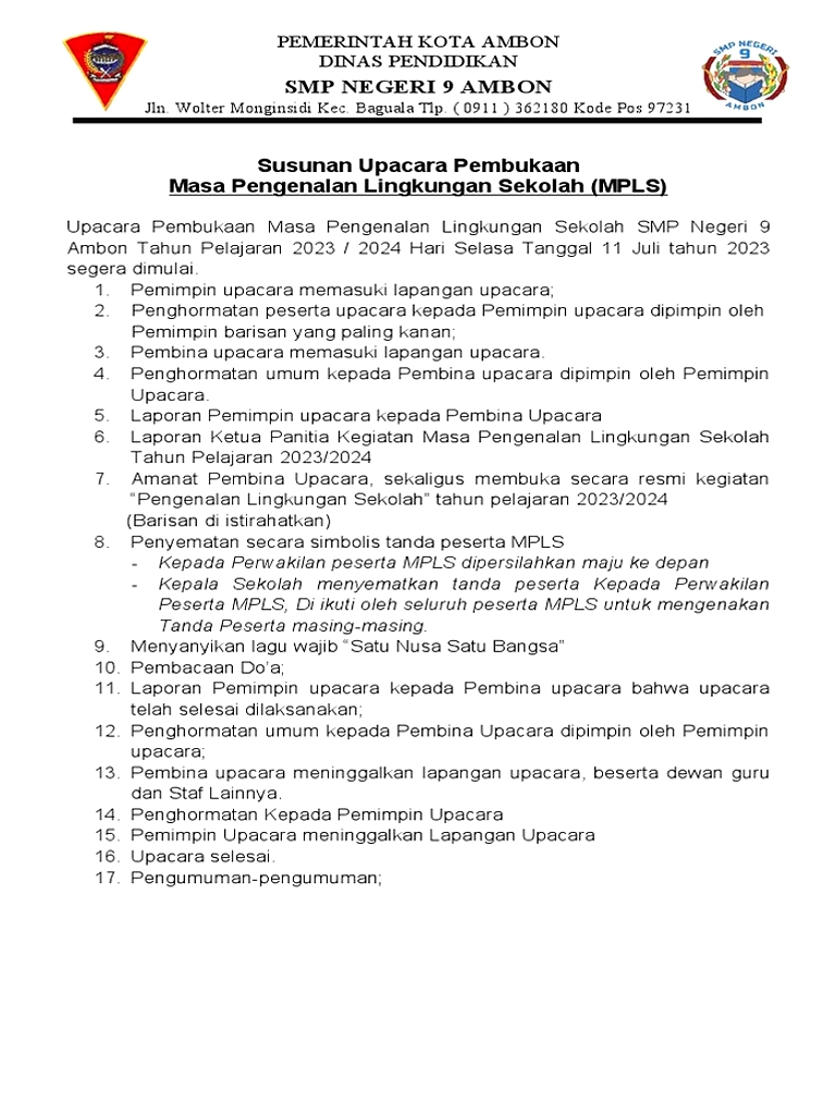Susunan Upacara Pembukaan MPLS 2026/2027
