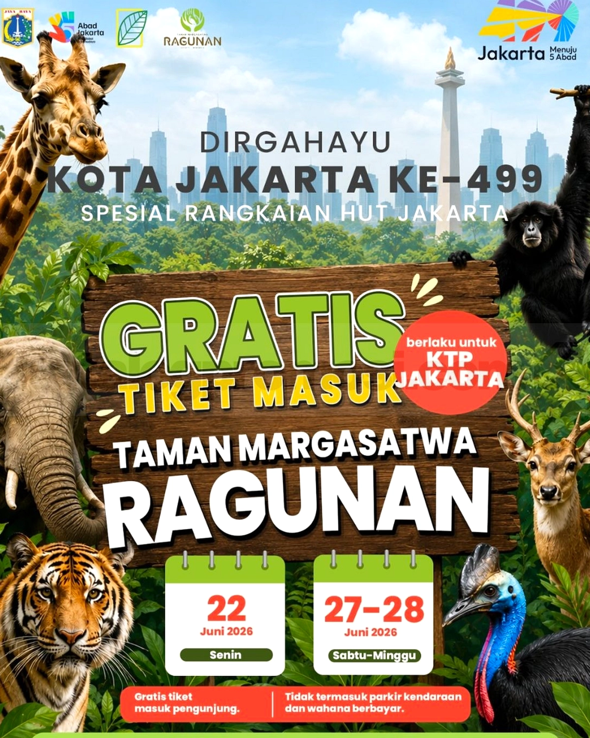 Taman Ragunan Tiket Gratis 22, 27–28 Juni Ulang Tahun Jakarta