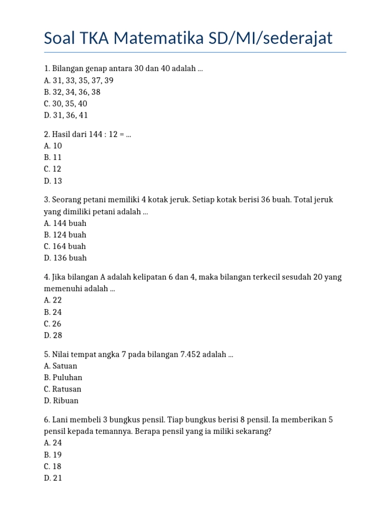 TKA SD 2026: 30 Soal Matematika Lengkap, Ujian 20-30 April