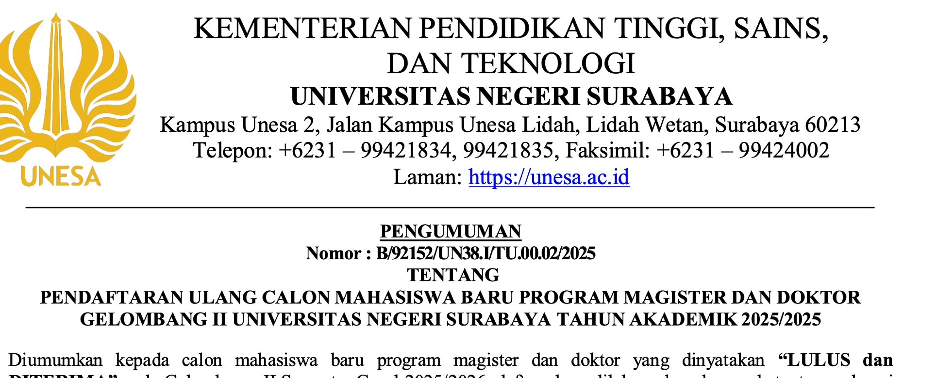 Unesa Buka Daftar Ulang Mahasiswa Baru Jalur SNBP 2026